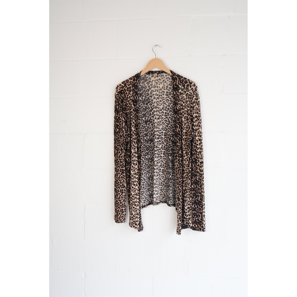 Reflex Jeans Cardigan Women Medium Brown‎ Leopard Print Open Front Long Sleeve